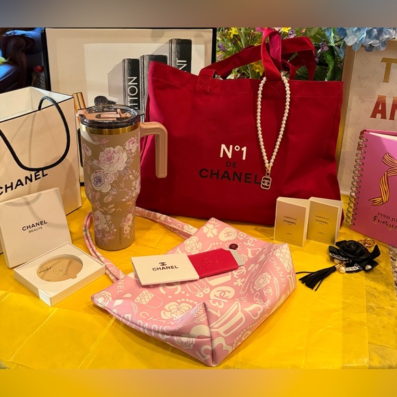 CHANEL New Bold Red Canvas Tote 2 CHANEL Mirrors CHANEL Vase/Makeup Brushetc